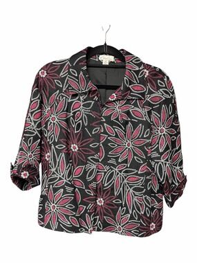 Kim Rogers Petite PM LineFloral Sequin Blazer Jacket Black Pink White 3/4 Sleeve